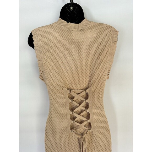 NWT Endless Rose Cream Textured Knit Crochet Bodycon Mini Dress Size L Tie Back - Picture 7 of 9